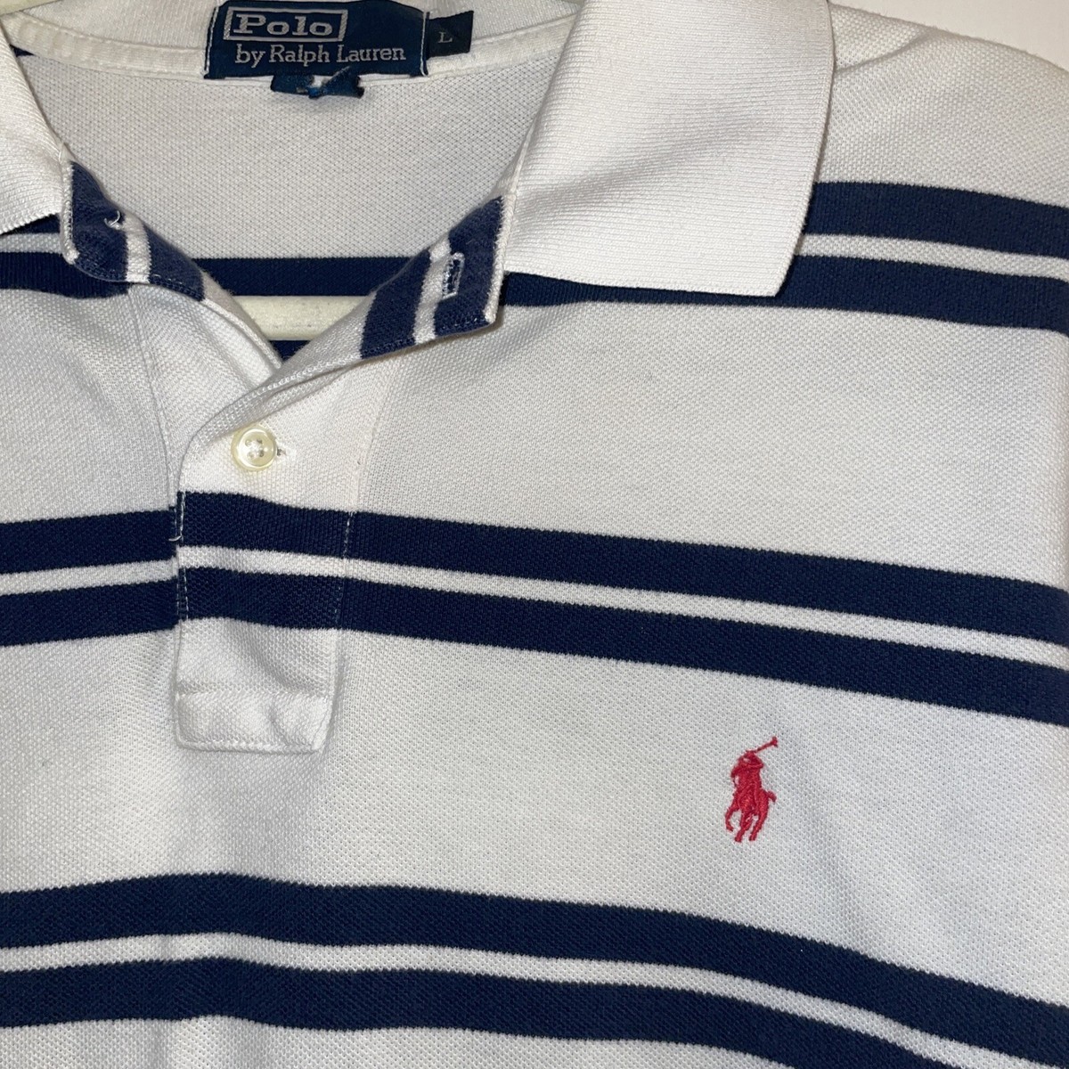S　Polo by Ralph Lauren 1st Type Vintage Polo Ralph Lauren Men's White Blue Stripe S/S Polo Shirt