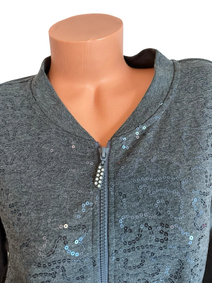 Quacker Factory Sequin Swirl Terry Bomber Jacket Gray Charcoal Full Zip 1X - Image 3 of 4