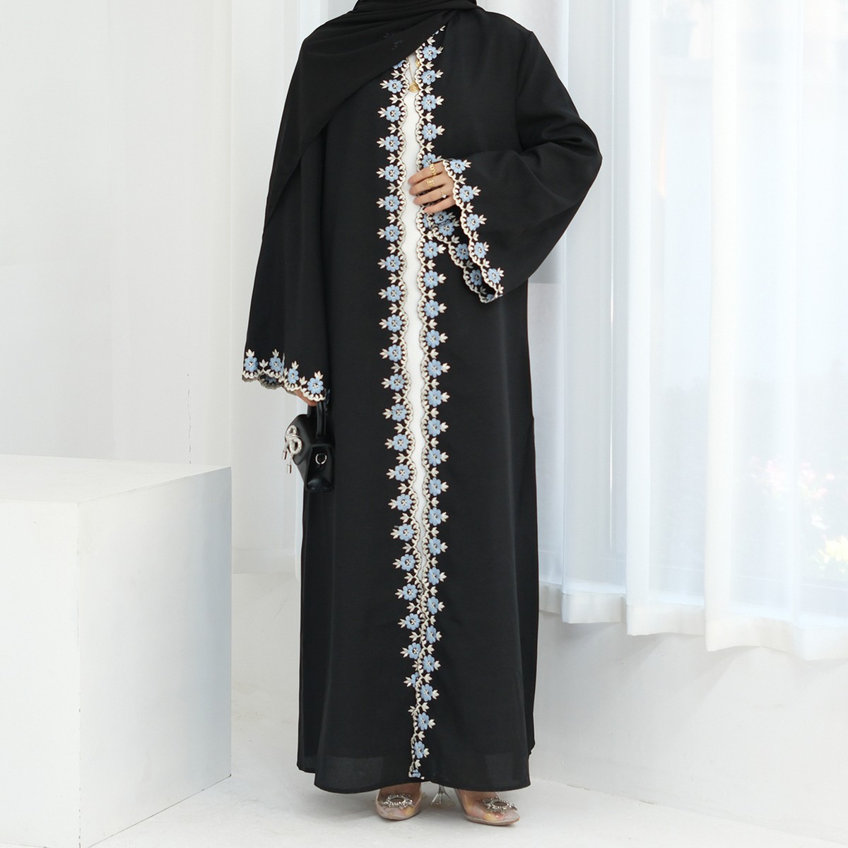 Dames Geborduurde mouwen Abaya en geborduurd aan de zijkant van de rits Lange mouw Tot de grond Turkse Islamitische Mode (DE/NL/SE/PL, Alfabetisch, S, Regular, Regular, Marineblauw