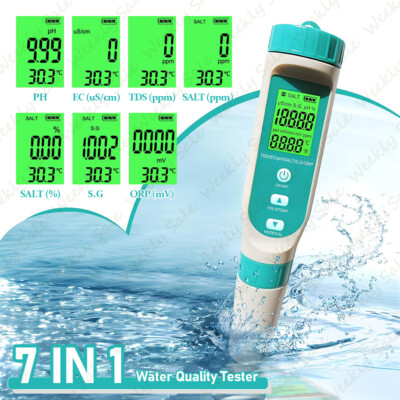 7 in 1 Digital Water Quality Meter Tester LCD PH TDS EC ORP TEMP SG Salinity Pen