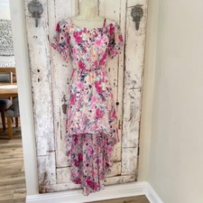 AUW Size Juniors Medium Pink Blue White Floral Cold Shoulder High Low Dress