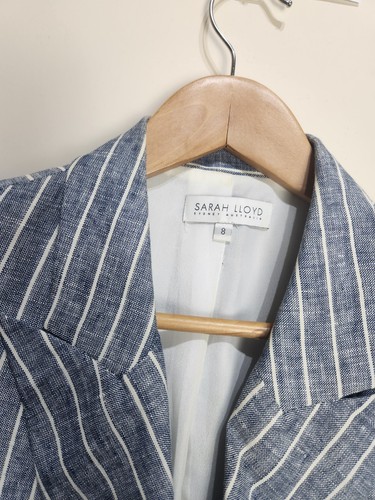 Sarah Lloyd Made In Australia Blue Linen Striped Women's Blazer Size 8 RRP 799 - Picture 3 of 8