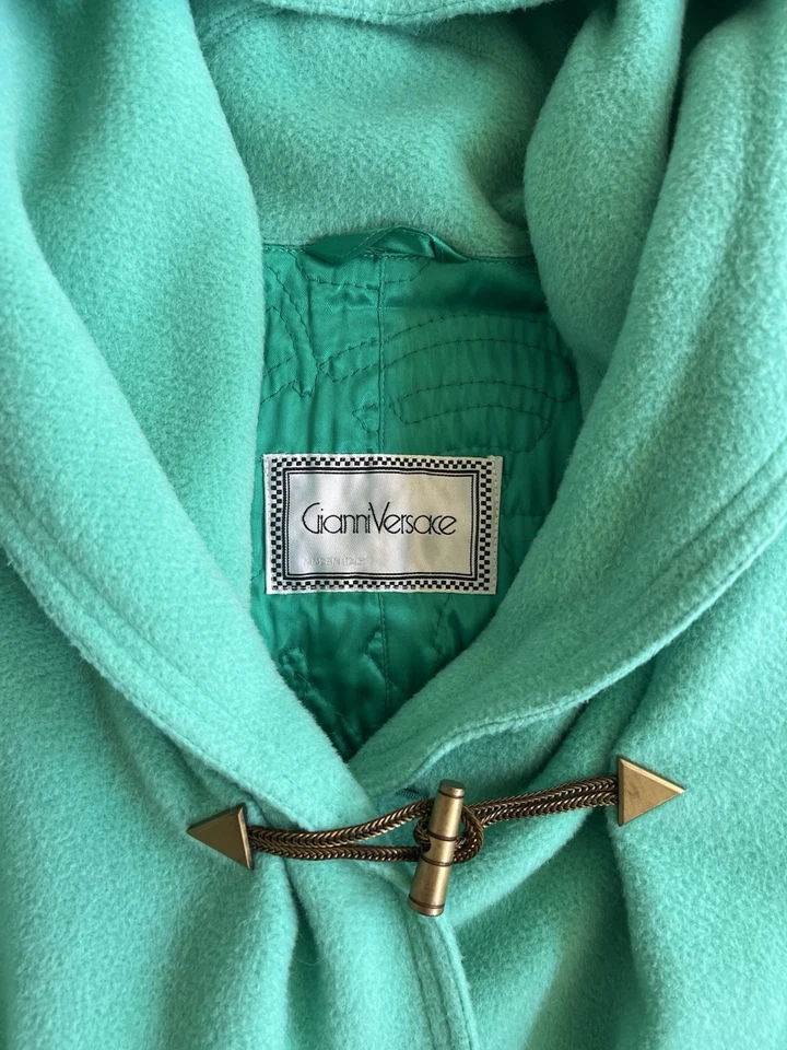 Vintage 80’s Versace Wool Alpaca turquoise Woman’s Hooded Over Coat Size L/XL - Image 2 of 4