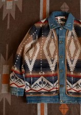 Aztec Southwest Native American Fleece Distressed Denim Button Up Trucker Jacket