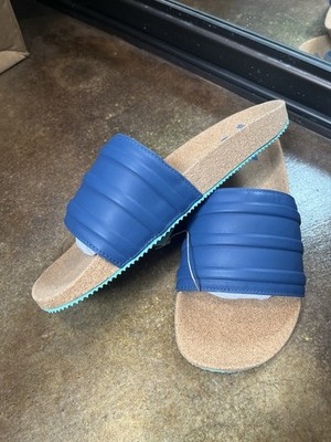 adidas Adilette Premium Leather Cork Slides Night Indigo Blue Mint