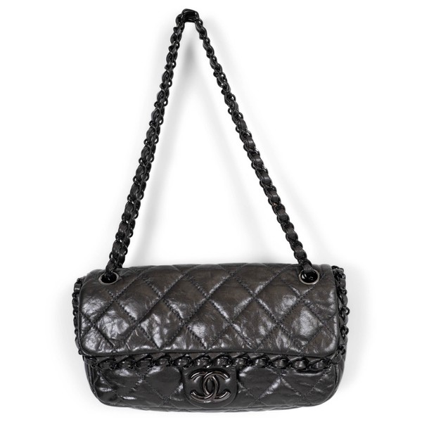 73475 authentische Chanel Metallic Gunmetal Leder 2011 CHAIN ME MEDIUM Klapptasche