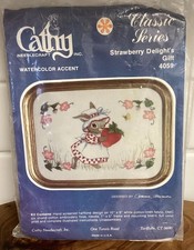 Vintage Cathy Needlecraft Strawberry Mouse Embroidery Kit Gold Frame Included