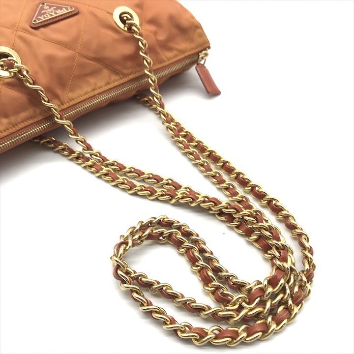 Good Condition PRADA Triangle Logo Nylon Tessuto Chain Shoulder Tote Bag Orange thumbnail 7