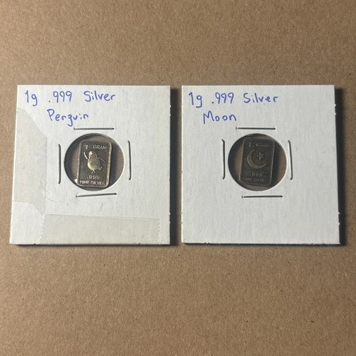 Lot of 2 1g Silver Bars .999 Fine Silver - Moon & Penguin - Nice Toning - ✨1g Ag