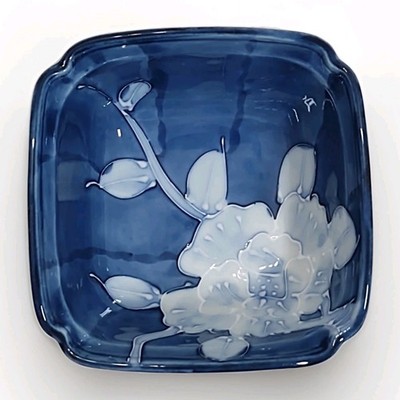  Toyo Japan Moriage Peony Blue & White Square 4.5''X2.5'' Decor Boho Bowl Vintage