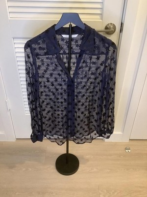 Diane von Furstenberg Navy Blue Long Sleeve Sheer Star Print Blouse Shirt Size S