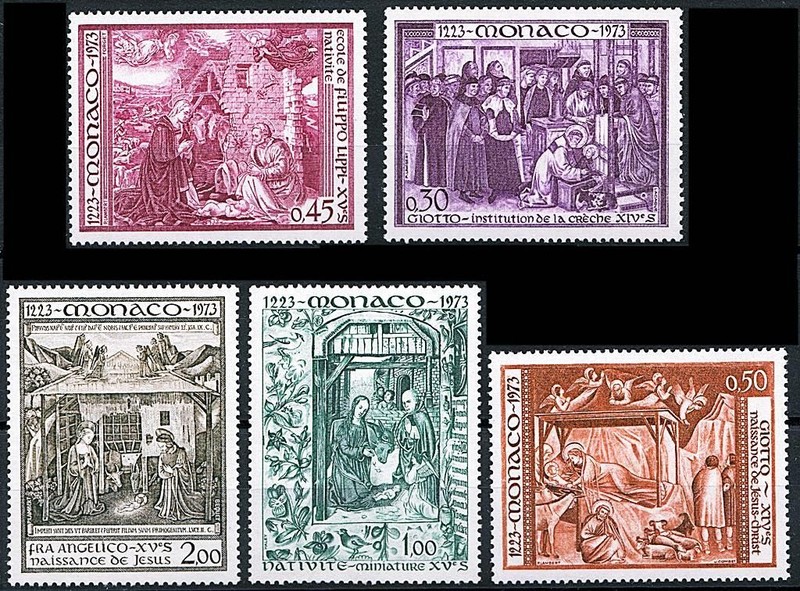 👉 MONACO 1973 CHRISTMAS PAINTINGS MNH neuf RELIGION, GIOTTO, LIPPI FRA ANGELICO