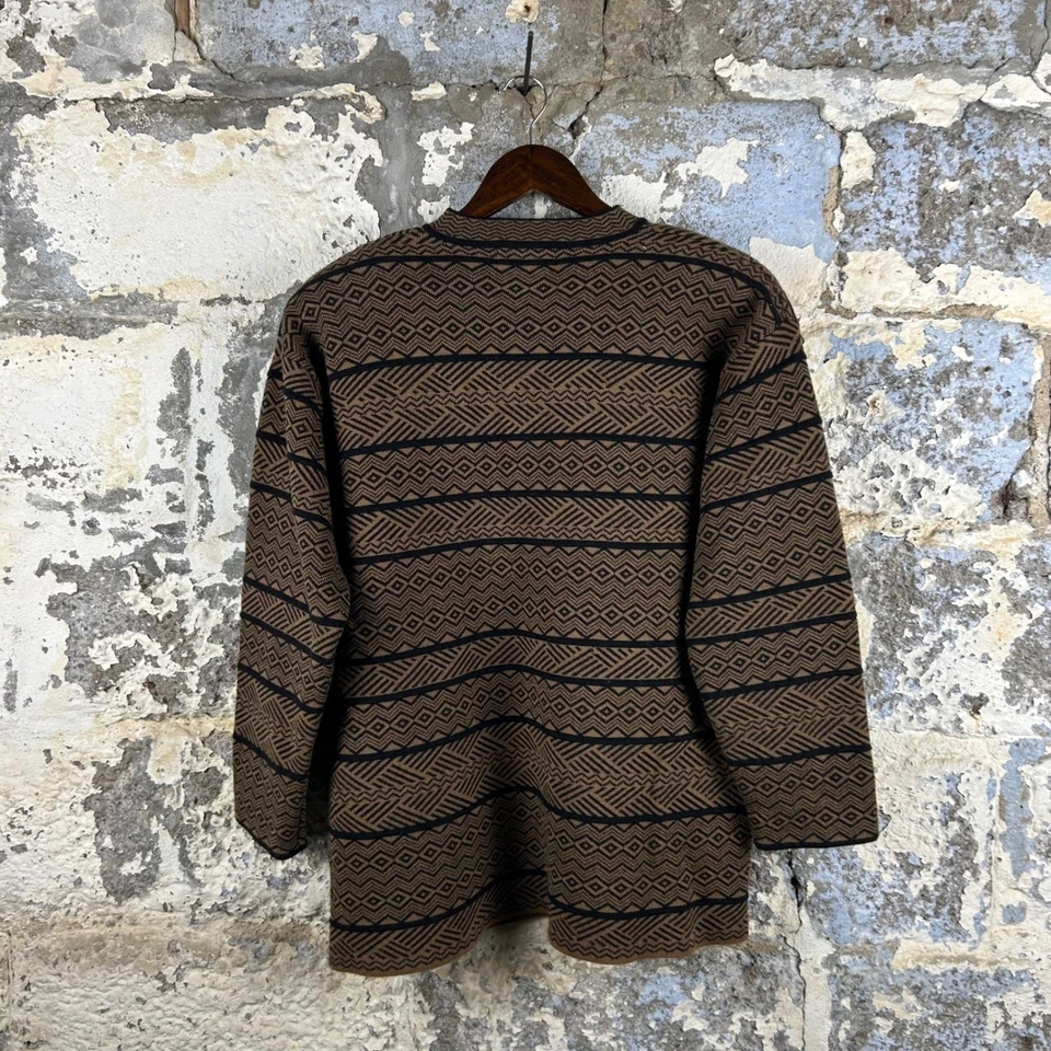 Cárdigan Rena Rowan Saville Marrón Negro Estampado Geométrico Tejido Suéter M Foto 2 de 4