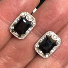 B1284 Vintage Emerald Cut Black Onyx Leverback Earrings 925 Silver Halo 4.6g