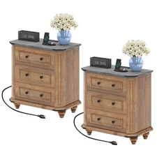 Set of 2 Nightstand with Charging Station Farmhouse Table with 3 Drawers Brown