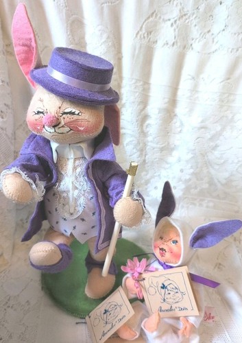 1990 Annalee 13" lila Osterparade Hase & Häschenkind 7"