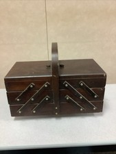 Vintage Wooden Accordion Sewing Box 1983 Fold Out Made in Romania w High Handle