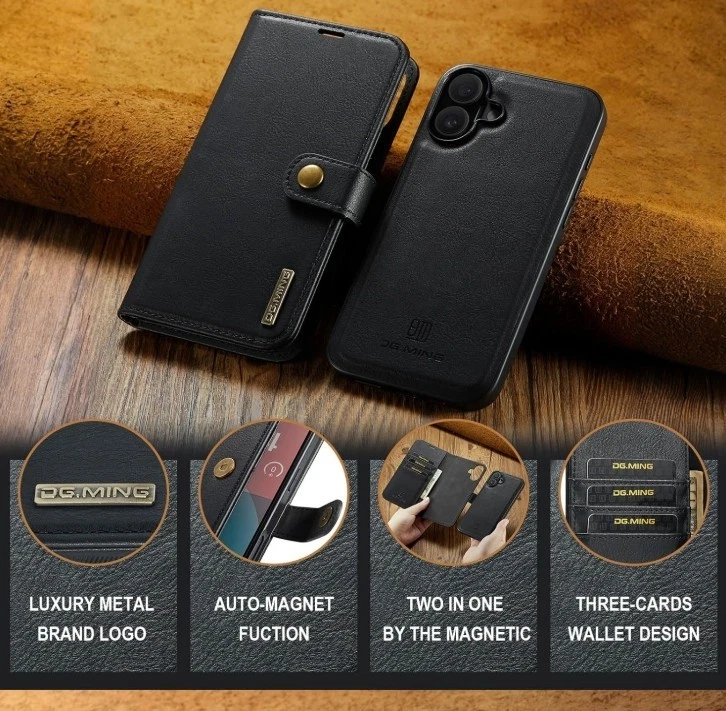 Funda tipo billetera de cuero DG Ming para iPhone 17, vidrio templado libre Foto 2 de 4