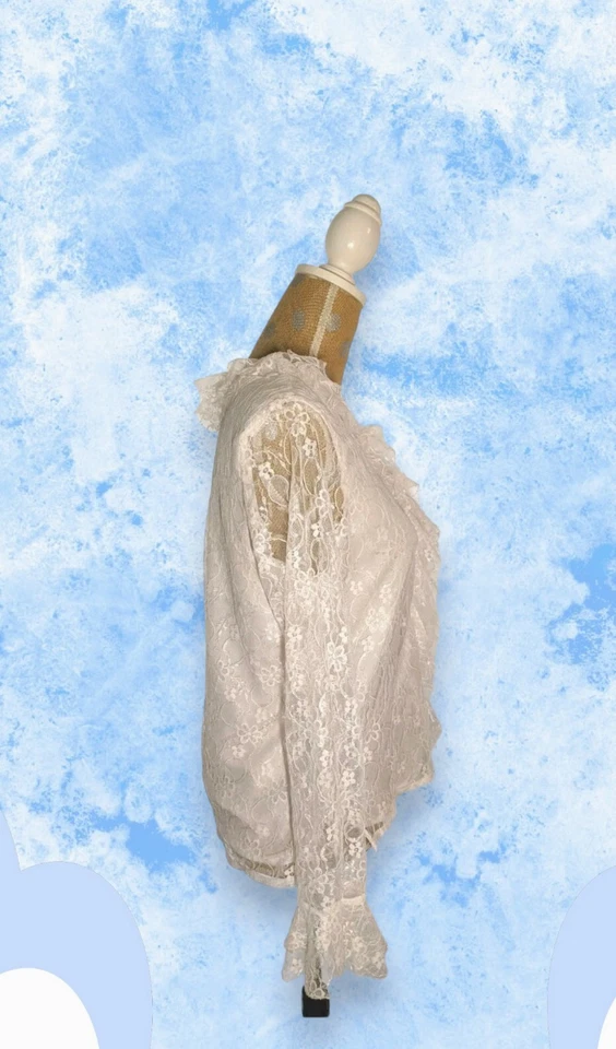 Blusa CLAUDIA RICHARD Encaje Forrada Transparente Talla Mediana Marfil Floral Volantes Acanalada Foto 2 de 4