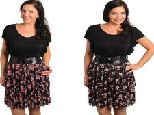 Black Wine or Black Pink Tiered Layer Flower Belt Dress Sundress 1X 2X 3X Plus