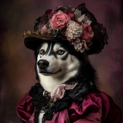 Siberian Husky im luxuriösen Outfit mit weinroter samtiger Jacke und Ma