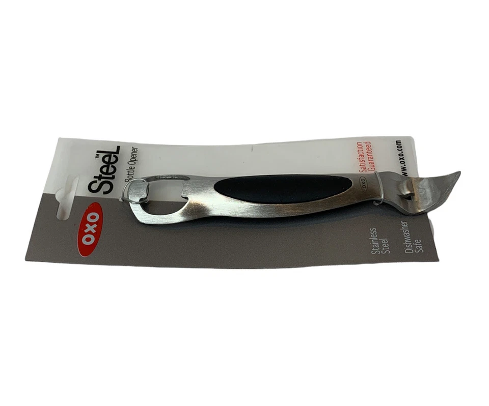 Abridor de botellas de acero OXO y perforador de latas con mango de agarre suave, apto para lavavajillas Foto 3 de 4