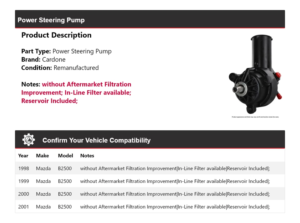 Bomba de dirección asistida Cardone 1999 2000 para Mazda B2500 1998-2001 Foto 2 de 4