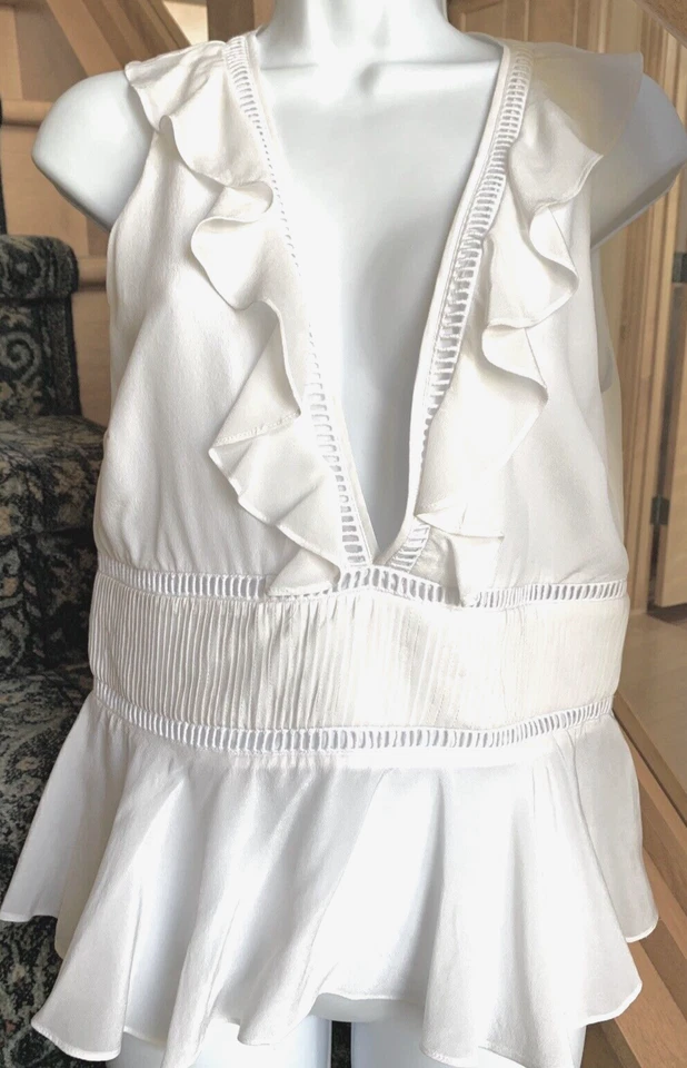ZAC ZAC POSEN SILK WHITE SLEEVELESS BLOUSE RUFFLE V-NECK SZ US 6 NWT - Image 2 of 4
