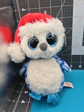 NEW Ty Beanie Boo Icicles Owl Blue White Santa Hat Plush 6" 2014