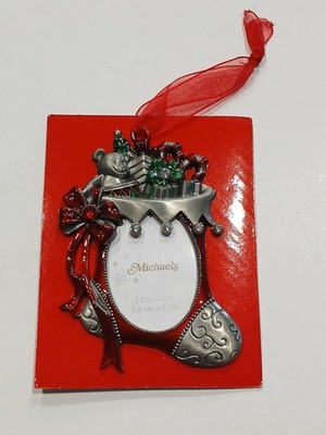 Vintage Michaels Pewter Christmas Stocking Picture Frame Photo Ornament NEW