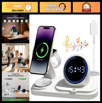 6-in-1 Wireless Charging Station, Bluetooth Speaker, Digital Clock & Ambient Lig