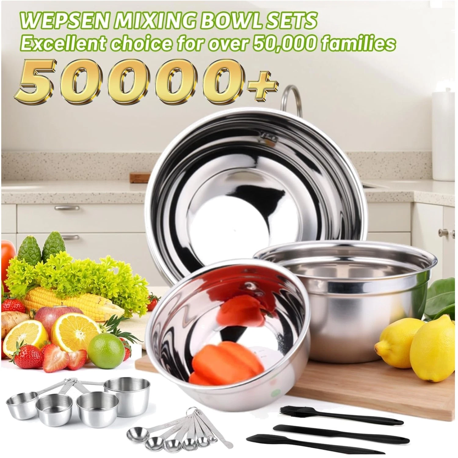 Large Stainless Steel Mixing Bowls Set with Measuring Cups