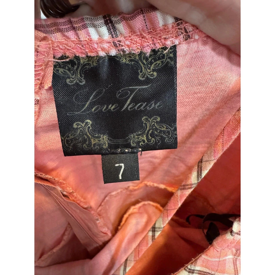 Vintage Y2K Pink Plaid Dress Love Tease Size 7 Embroidered Hem 2000s Coquette - Image 3 of 4