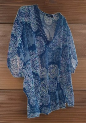 Ana 2X Womens Blue Blouse Flowy Dandelion Peasant Top Boho Sheer Crochet Neck