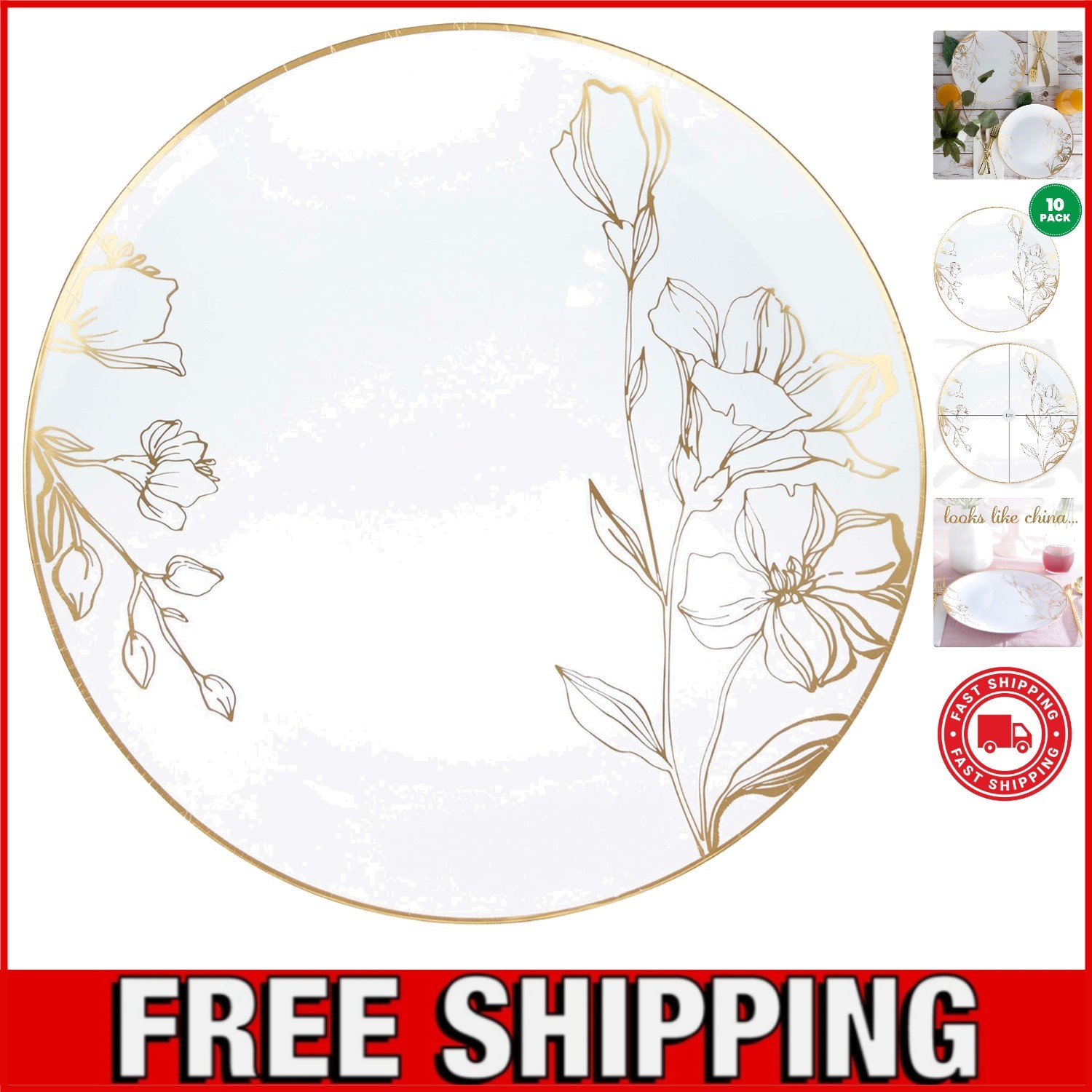 Floral Disposable Plates 10'' with Gold Rim - Perfect for Elegant Events