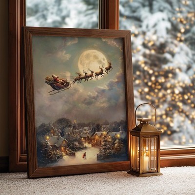 Santa Sleigh Moonlight Canvas Art | Vintage Christmas Village Wall Decor