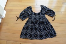 PRINCESS VERA WANG boho peasant prairie top black print tunic 3/4 Puff Size M