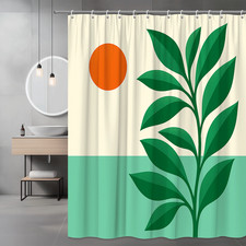 Modern Green Leaf Shower Curtain with Orange Sun Design