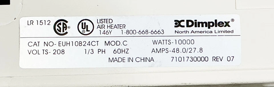 Nuevo Calentador Industrial Dimplex EUH10B24CT 208V 1/3PH 60Hz 10000W 48A Foto 2 de 4