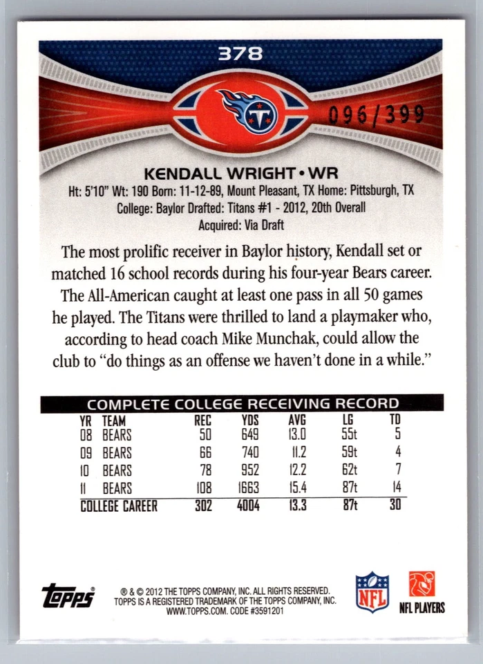 2012 Topps #378 Kendall Wright Pink #/399 - Image 2 of 2