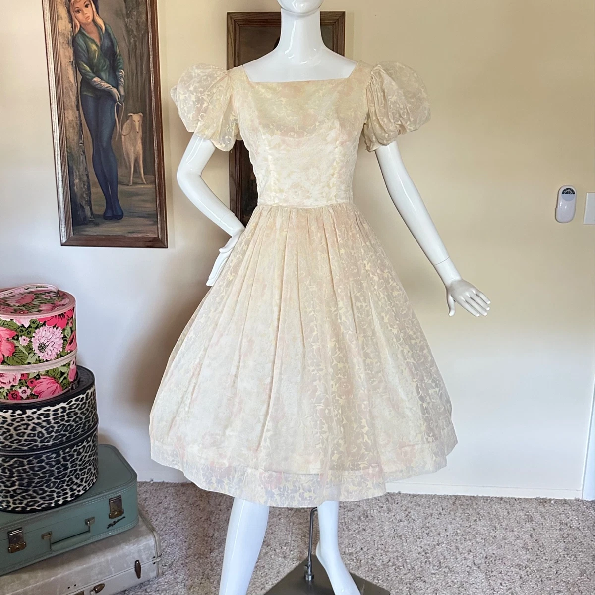 1950s prom dress ebay 1950s Prom Dress White Tulle Fabric Pink Satin Ribbon Millinery Flowers #14