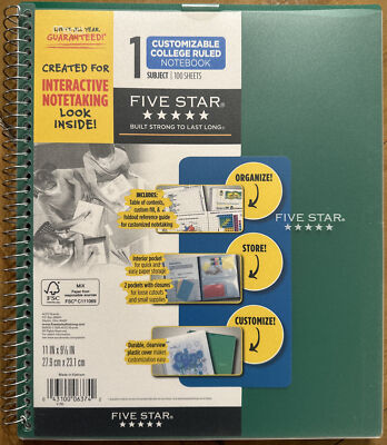 Five Star Customizable Interactive Notebook 1 Subject College Ruled, Green