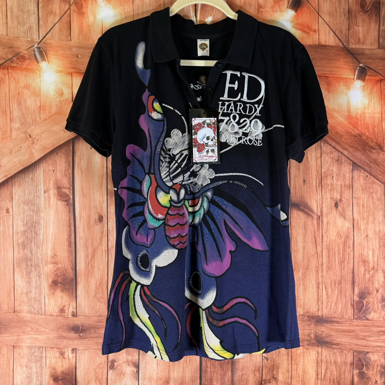 ED HARDY Christian Audigier Black Shirt Women's XL Butterfly Graphic Bedazzled