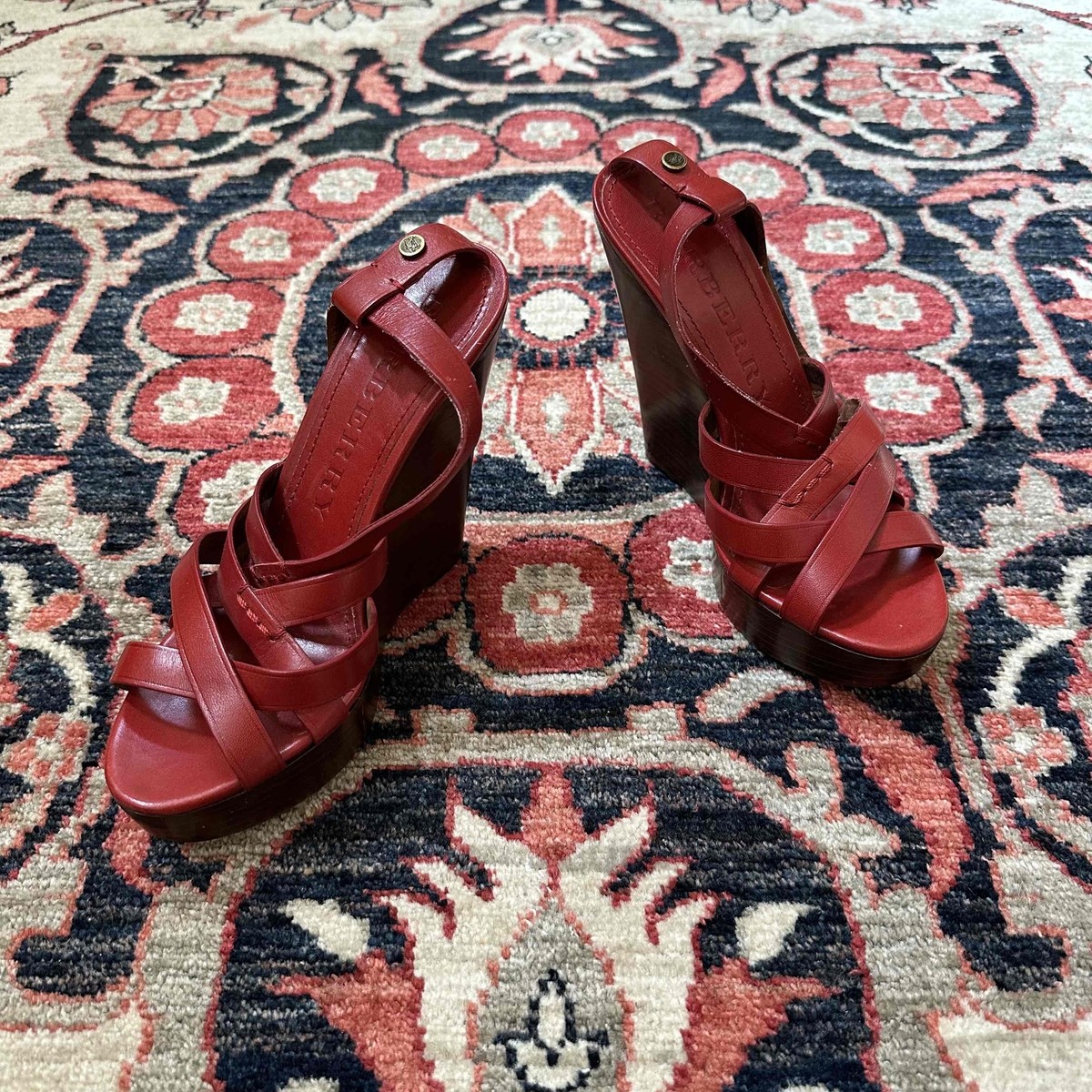 Burberry Red Leather Open Toe Ankle Strap Wedge Sandals | eBay display picture 1
