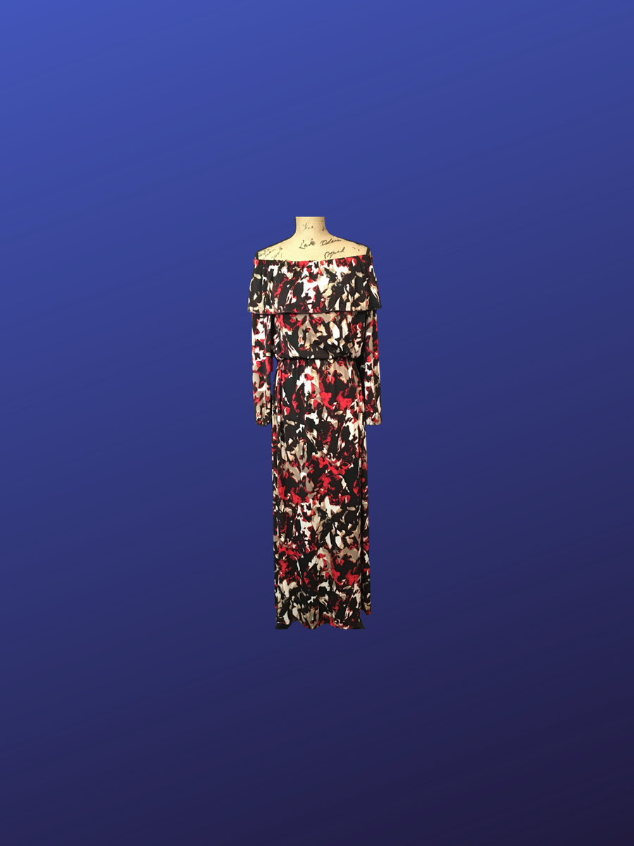 venus off the shoulder maxi dress VENUS Off the Shoulder MAXI Dress, BLACK/BEIGE/RED Abstract Print, Size M,  NWOT