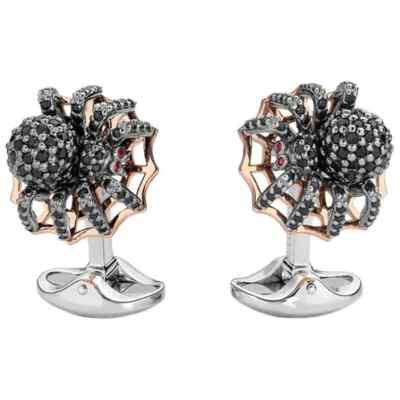 Real 935 Two Tone Silver Shiny Black Spinel & Red Ruby Eyes Spider Men Cufflinks