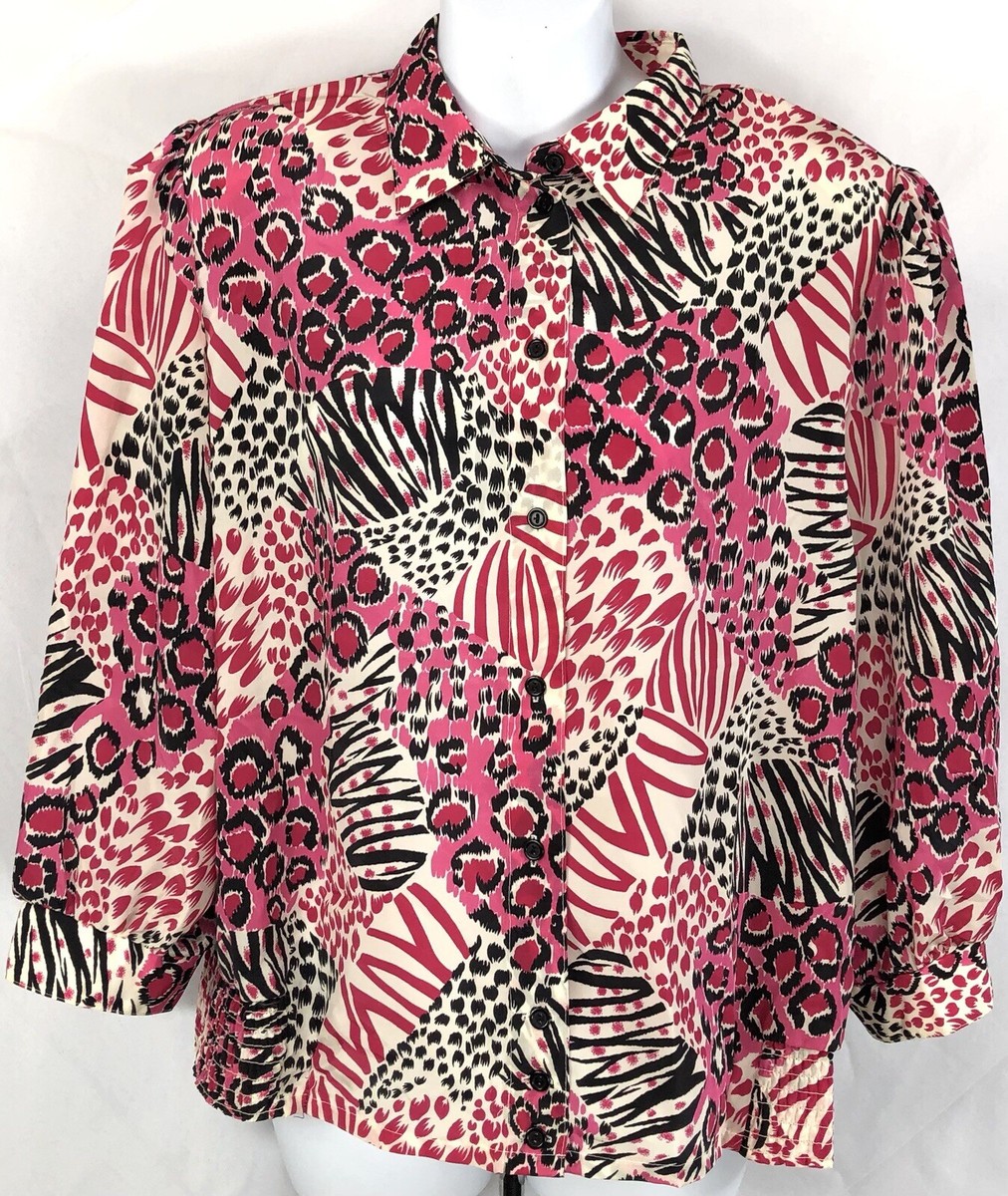 Vintage silky flowy Top 44 L zebra Pink Blk ButtonUp Collar 90s
