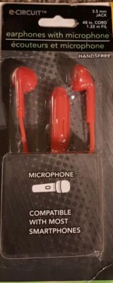 Earphones with Microphone   Handsfree Red 3.5 mm Jack 4-Ft Cord For Smartphone