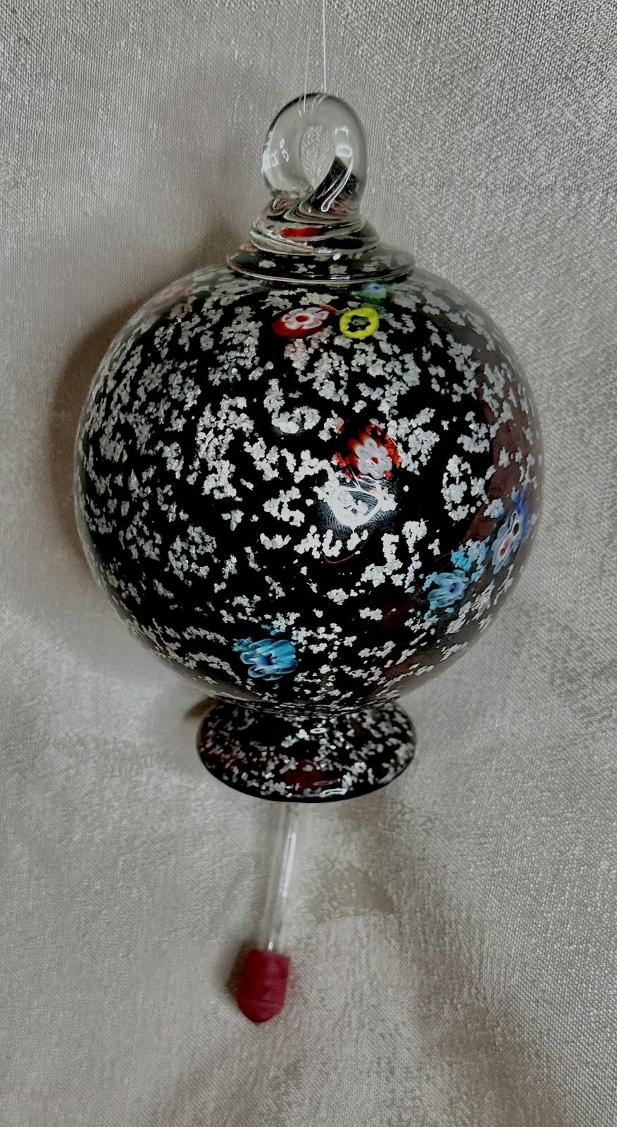 Murano Style Hand Blown Glass Purple W/Silver Fleck & Flowers Hummingbird Feeder