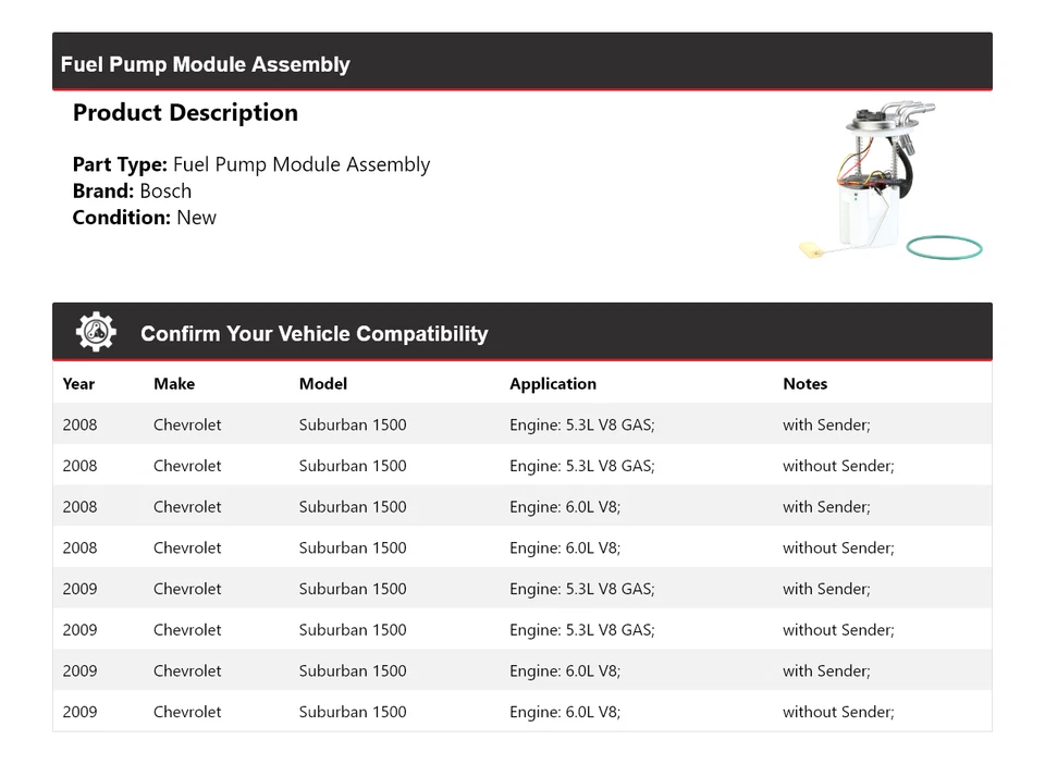 Conjunto de módulo de bomba de combustible Bosch para Chevrolet Suburban 1500 2008-2009 Foto 2 de 4
